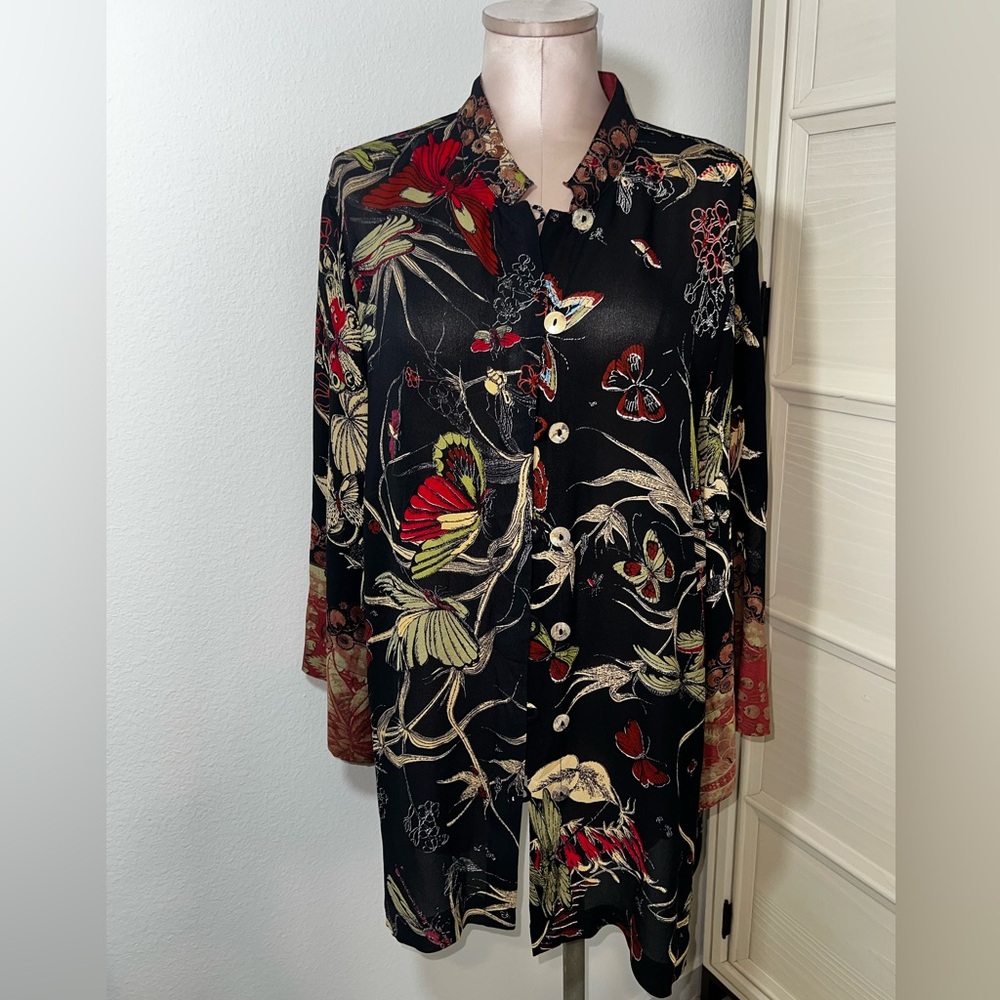 Citron 100% Silk Black Floral Button Down Blouse Sz 1X - Picture 10 of 15
